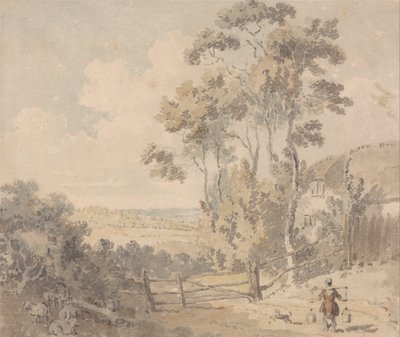 Melkmeisje en hond in een landschap door Edward Dayes